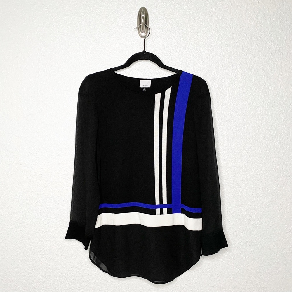 MING WANG BLACK WHITE COBALT BLUE MESH SWEATER SIZE XS NWOT